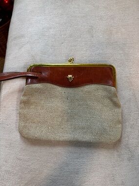 Leather-Trim Cream Fabric Wristlet Clutch with Gold Frame
